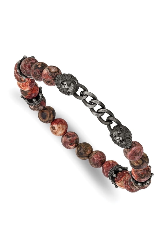 Stainless Steel Antiqued White Bronze-plated Lion Heads and Crowns 8mm Leopard Stone Beaded 7.5 inch Stretch Bracelet