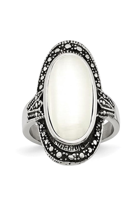 Chisel Stainless Steel Antiqued & White Cat's Eye Ring