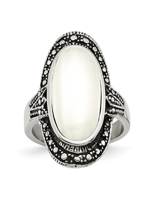Chisel Stainless Steel Antiqued & White Cat's Eye Size 8 Ring