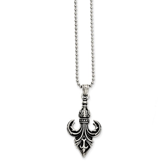 Chisel Stainless Steel Antiqued and Polished Fleur de lis 24in Necklace