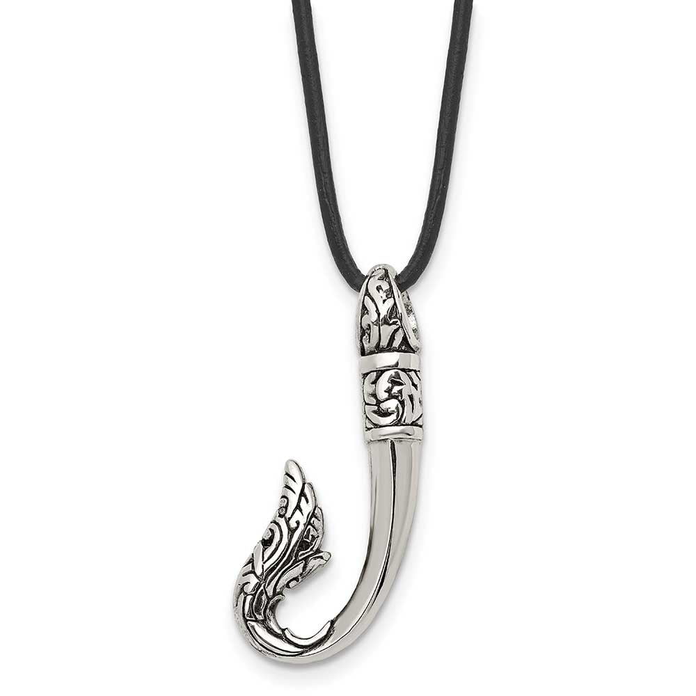 Chisel  Stainless Steel Antiqued and Polished Hook Pendant on a 20 inch Black Leather Cord Necklace