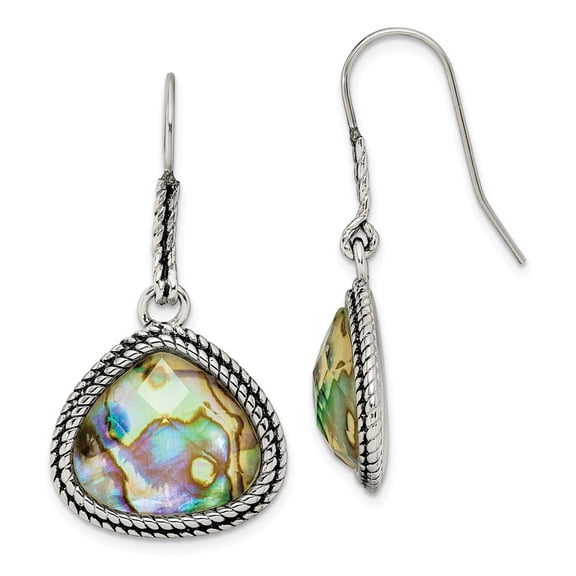 Stainless Steel Dangle Shepherd hook Polished Artisan Oxidized Simulated Abalone Earrings - Dangle Earring for Women