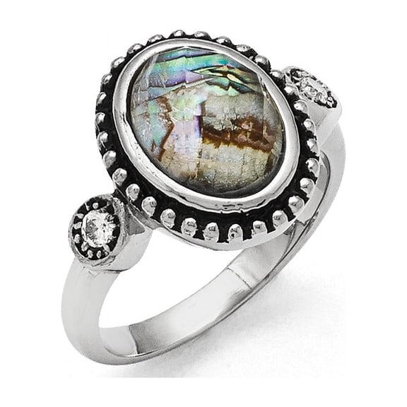 Chisel  Stainless Steel Antiqued and Polished Imitation Abalone and CZ Ring
