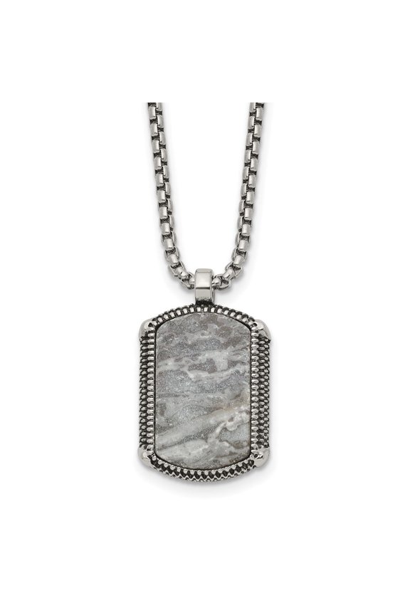 Stainless Steel Antiqued and Polished Jasper Dog Tag on a 20 inch Box Chain Necklace
