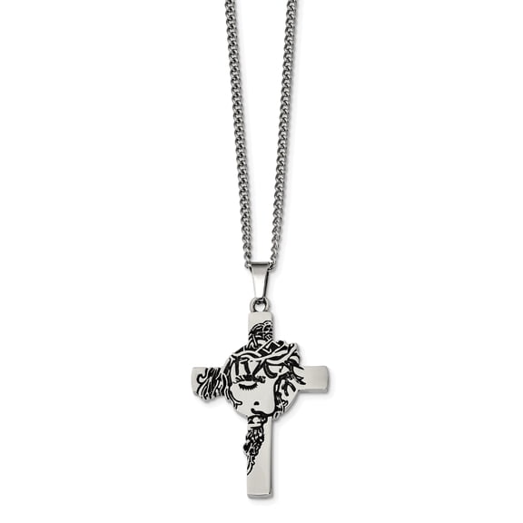 Chisel  Stainless Steel Antiqued and Polished Jesus Face Cross Necklace