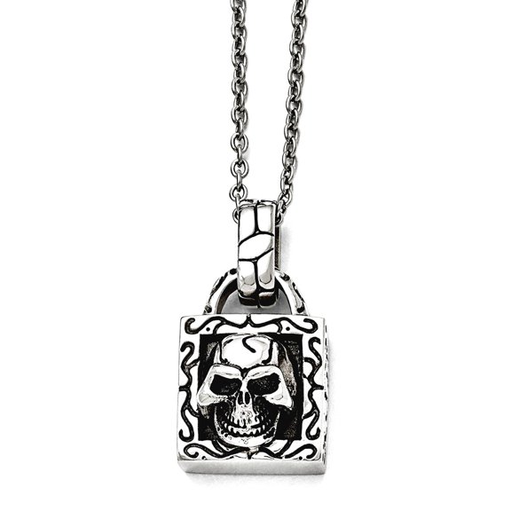 Chisel Stainless Steel Antiqued and Polished Skull 22in Necklace