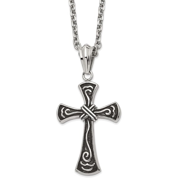 Chisel Stainless Steel Antiqued and Polished Swirl Design Cross Pendant on a Cable Chain Necklace - 25.5"