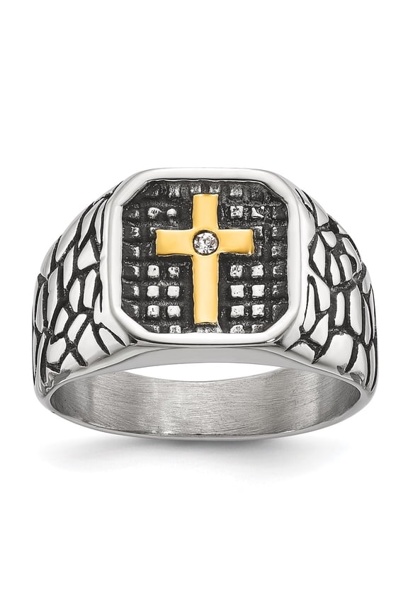 Stainless Steel Antiqued and Polished Yellow IP-plated with CZ Cross Signet Ring