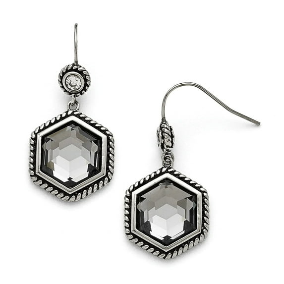 Chisel Stainless Steel Antiqued and Polished with Grey Glass and CZ Shepherd Hook Earrings