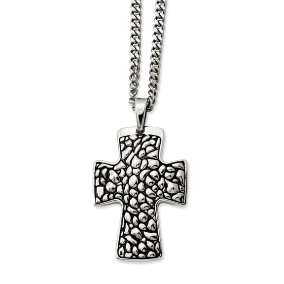 Chisel Stainless Steel Black Enamel Pebble Textured Cross Pendant Necklace