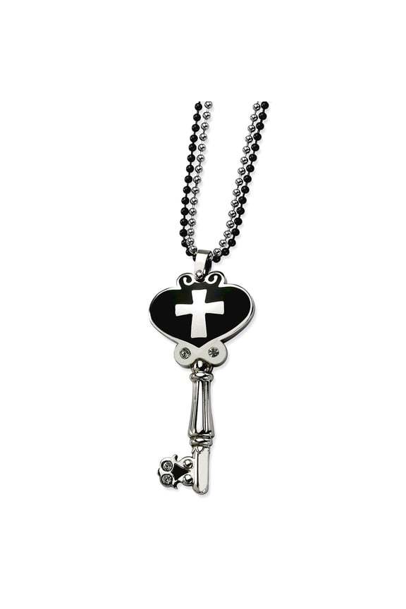 Chisel Stainless Steel Black Enamel Polished CZ Heart Cross Key Necklace