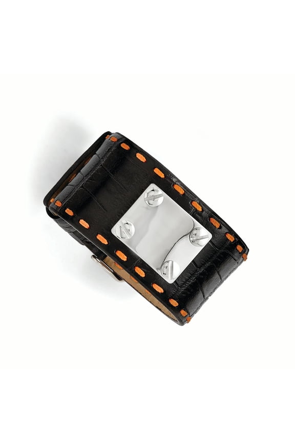 Stainless Steel Black Leather Orange Stitch Buckle ID Bracelet