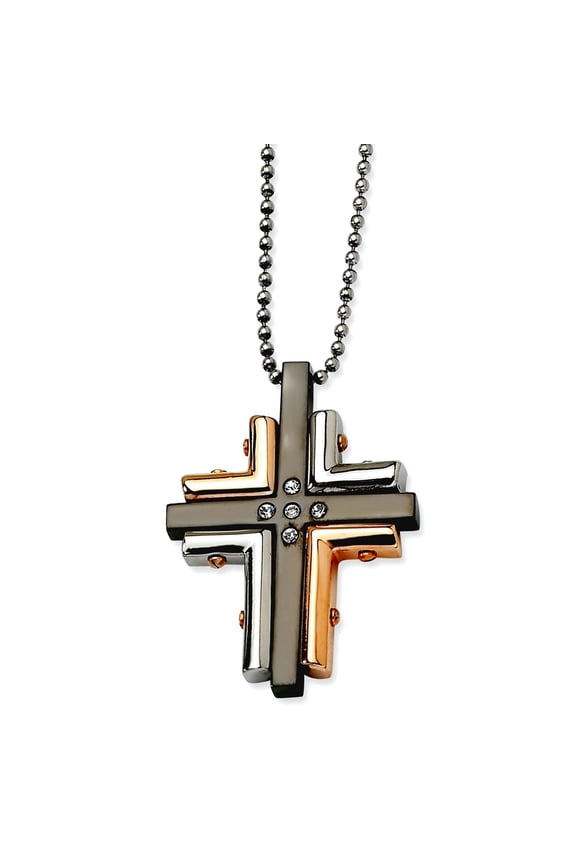 Stainless Steel Black and Rose Gold Plated Polished Fancy Lobster Closure With Cubic Zirconias Religious Faith Cross Nec