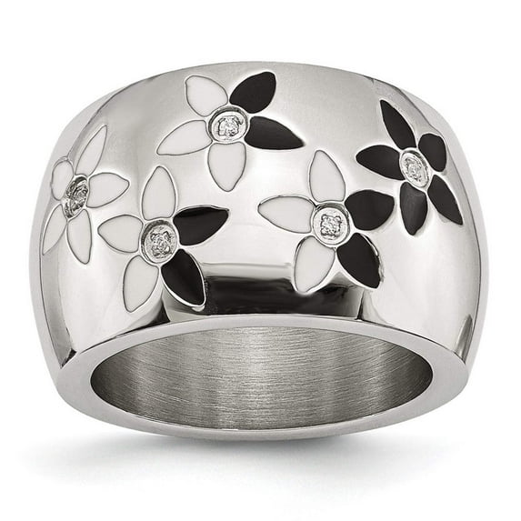 Chisel Stainless Steel Black & White Enamel Flowers w/CZ Ring