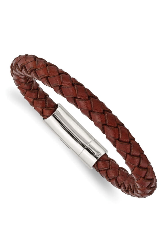 Chisel Stainless Steel Brown Leather 8.5in Bracelet