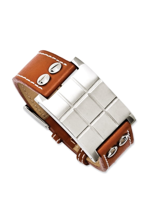 Chisel Stainless Steel Brown Leather Adjustable Buckle Bracelet