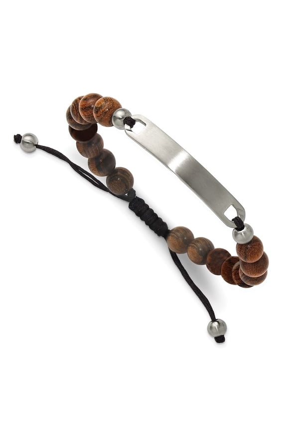 Stainless Steel Brushed 8mm Tigerwood Beaded Black Nylon 7 inch to 9 inch Adjustable ID Bracelet