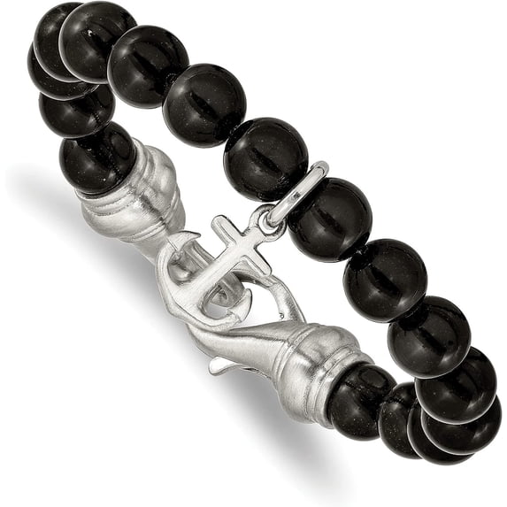 Chisel Stainless Steel Brushed Anchor Black Agate Beaded Bracelet - 8"