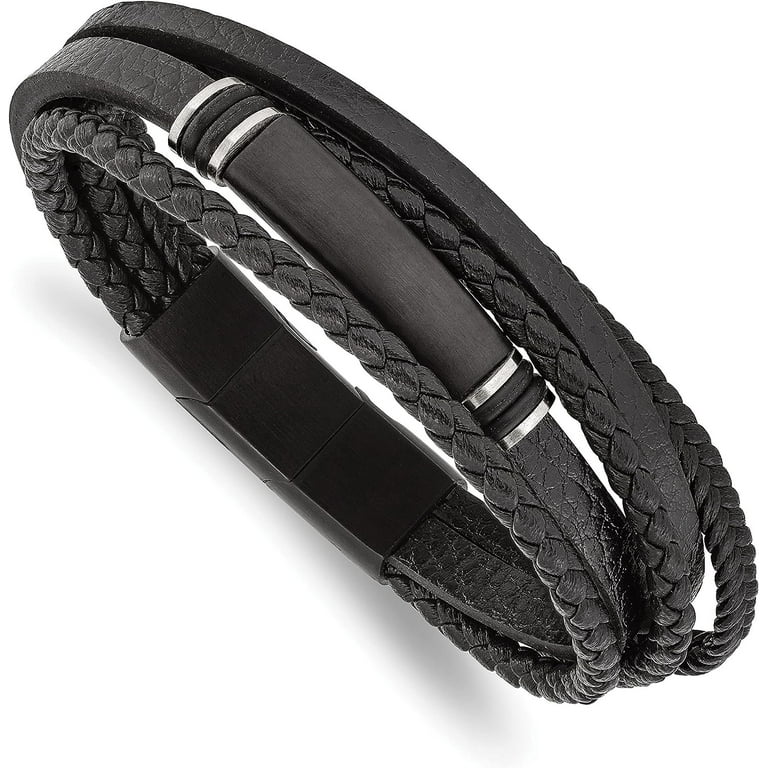 Stainless Steel Brushed Black Leather 8 inch ID Bracelet with Extension Stainless Steel Brushed Black Leather 8 inch ID Bracelet with Extension