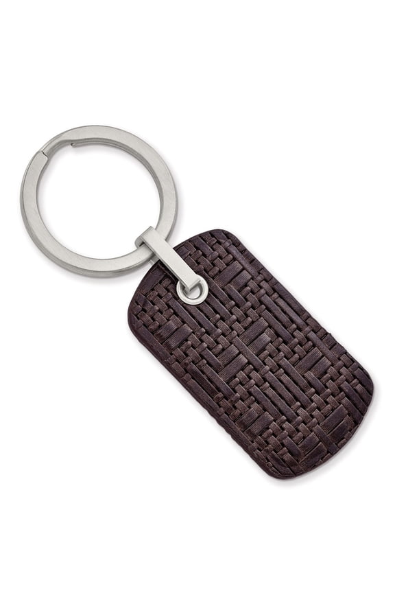 Stainless Steel Brushed Brown Woven and Stitched Leather Key Ring