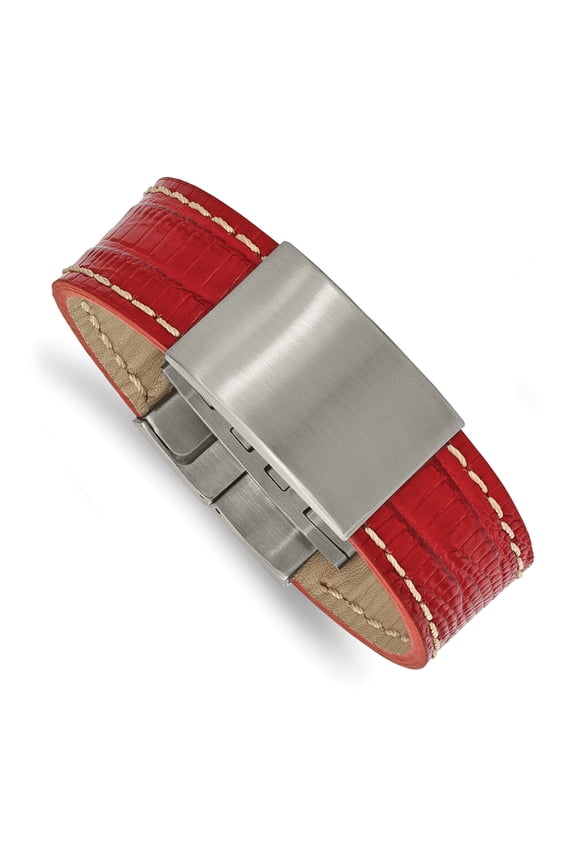 Stainless Steel Brushed Red Leather 8 Inch ID Bracelet