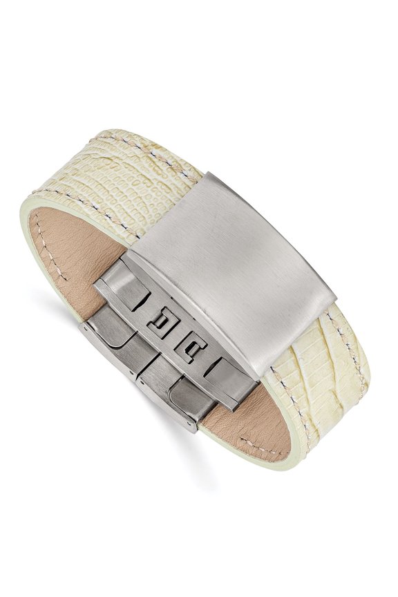 Stainless Steel Brushed White Leather Identification Bracelet