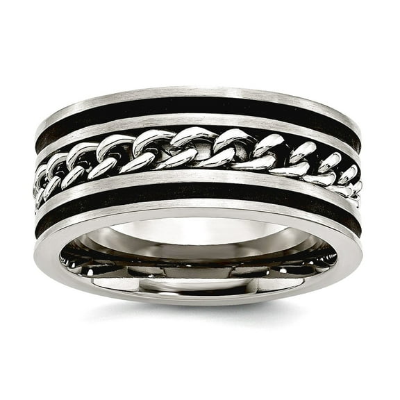 Stainless Steel 10mm Chain Necklace and Black Plated Brushed And Polished Band Ring Size 13.5 Ring for Women and Men