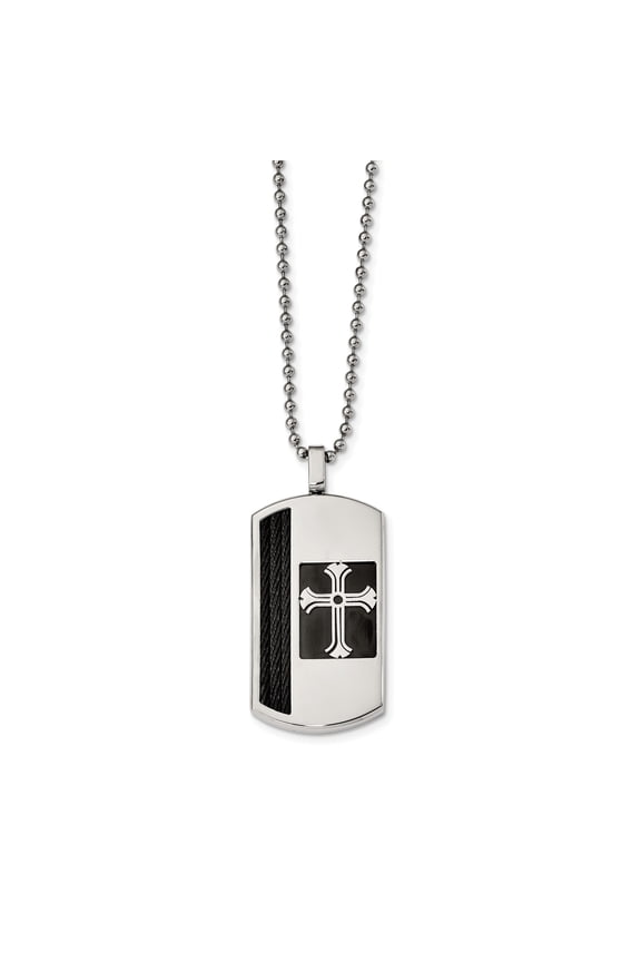 Stainless Steel Brushed and Polished Black IP-plated Cross Dog Tag Necklace