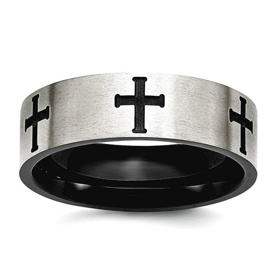Stainless Steel 7mm Black Plated Religious Faith Crosses Brushed and Polished Band Ring Size 13 Ring for Women and Men