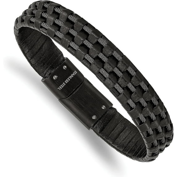 Chisel Stainless Steel Brushed and Polished Black IP-plated Wire Cable and Black Leather Bracelet - 8.25"