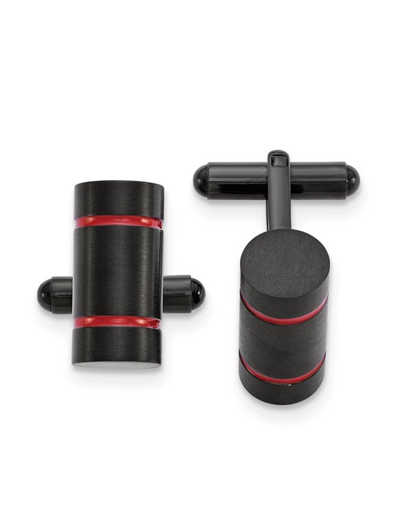 Stainless Steel Brushed and Polished Black IP-plated with Red Enamel Cuff Links
