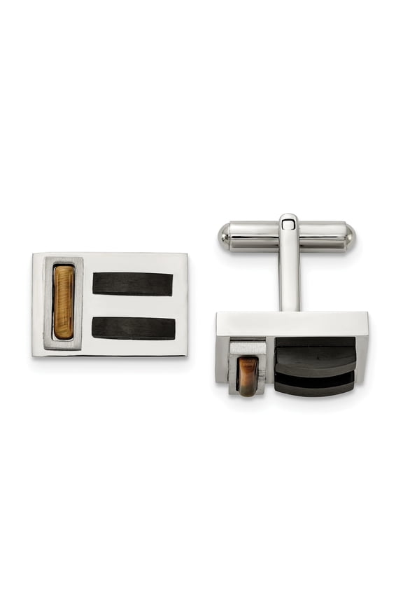 Chisel Stainless Steel Brushed and Polished Black IP-plated with Tiger's Eye Cufflinks