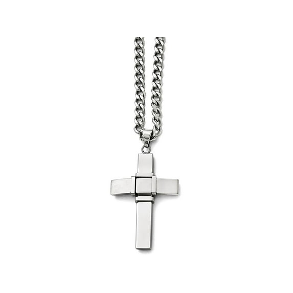 Chisel Stainless Steel Brushed and Polished Cross Pendant on a 22 inch Curb Chain Necklace