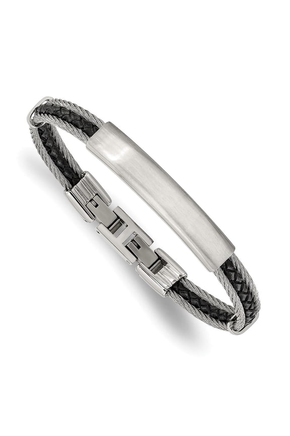 Stainless Steel Brushed and Polished Wire and Braided Black Leather 6.75 inch Plus a .5 inch Extension ID Bracelet