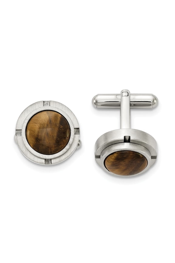 Chisel Stainless Steel Brushed and Polished with Tiger's Eye Circle Cufflinks