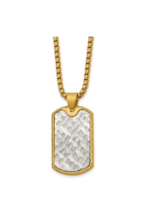 Stainless Steel Brushed and Textured Yellow IP-plated Dog Tag on a 24 inch Box Chain Necklace