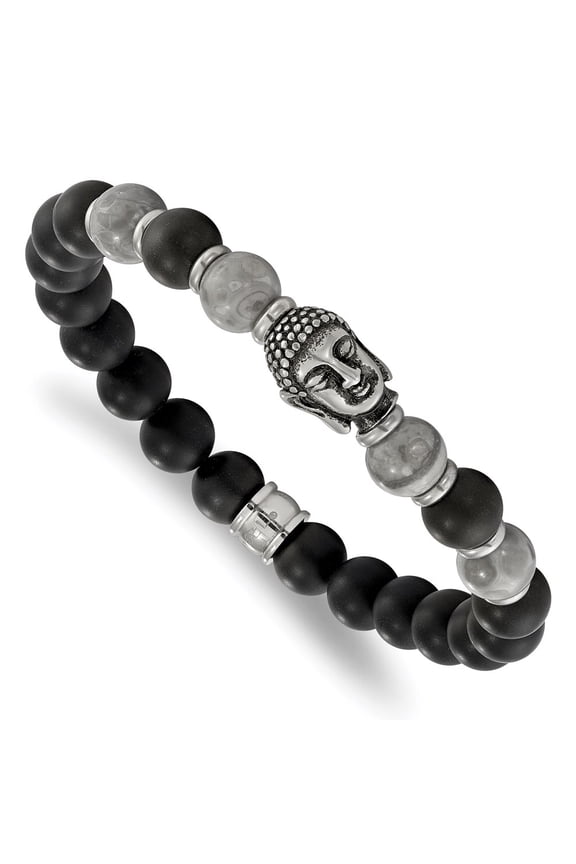 Stainless Steel Buddha Black Agate and Grey Jasper Beaded Stretch Bracelet