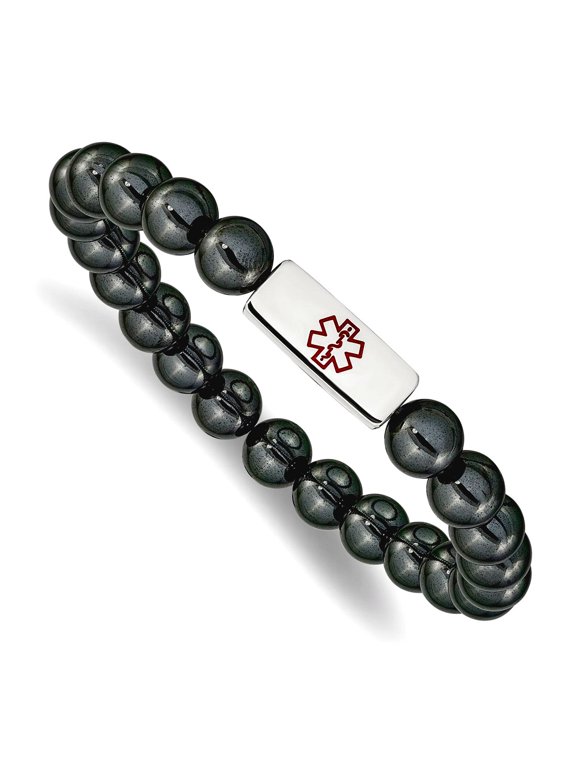 Stainless Steel Polished With Red Enamel Medical ID 8mm Hematite Beaded Stretch Bracelet Identification Bracelet for Wom