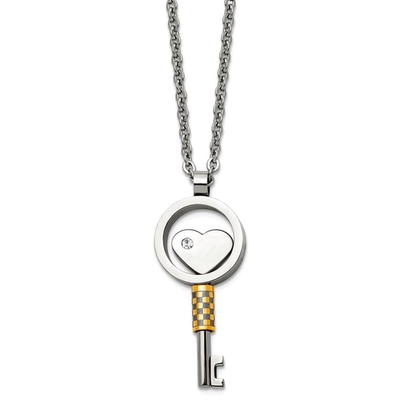Chisel Stainless Steel Polished Yellow IP-plated with CZ Heart Key Pendant on a 22 inch Cable Chain Necklace