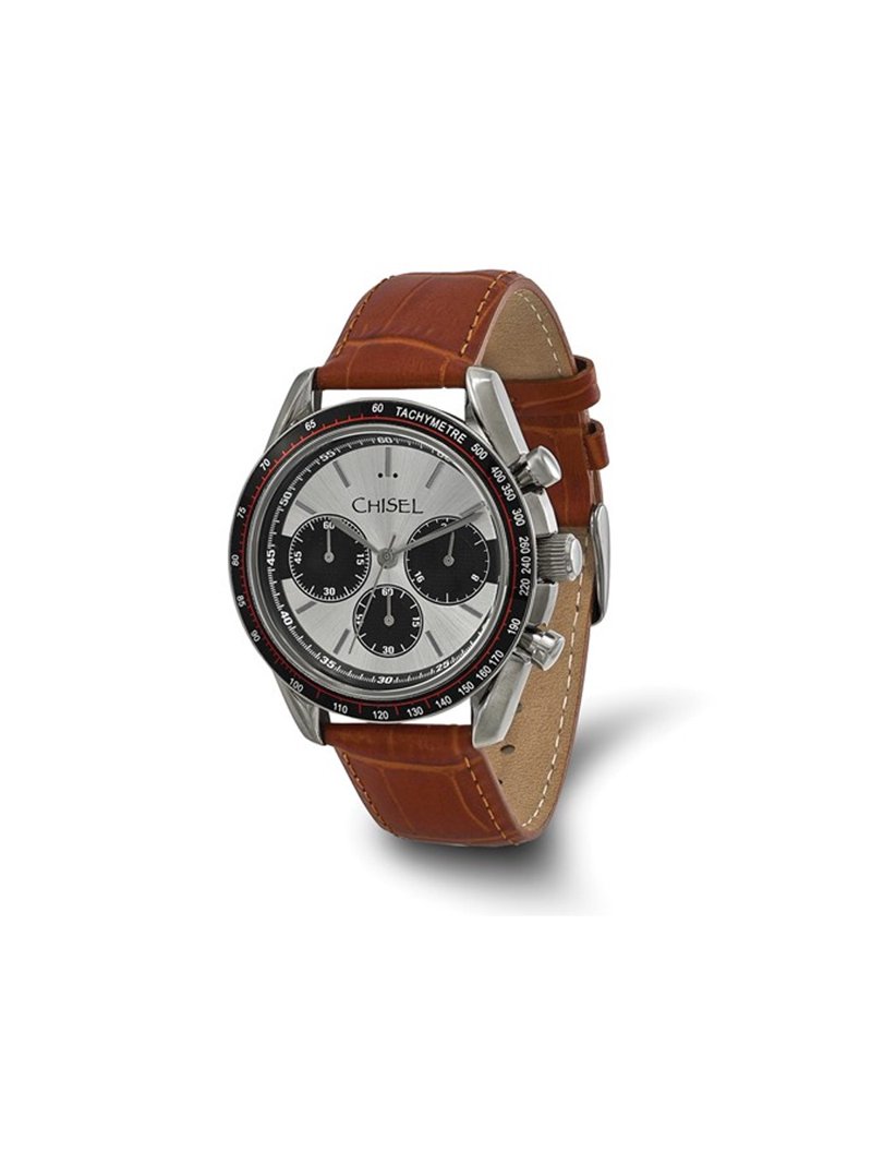 Chisel Stainless Steel Grey Dial Chronograph Watch with Leather