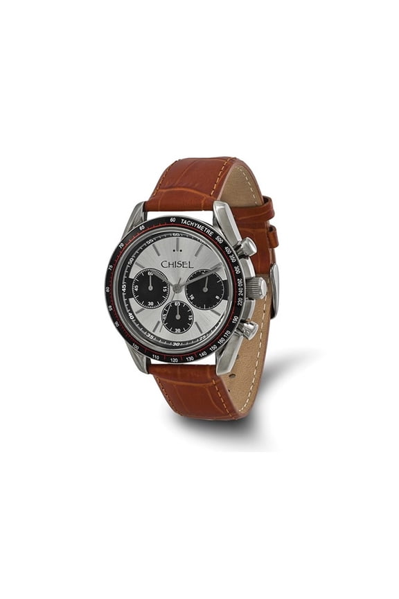 Chisel Stainless Steel Grey Dial Chronograph Watch with Leather Band for Men