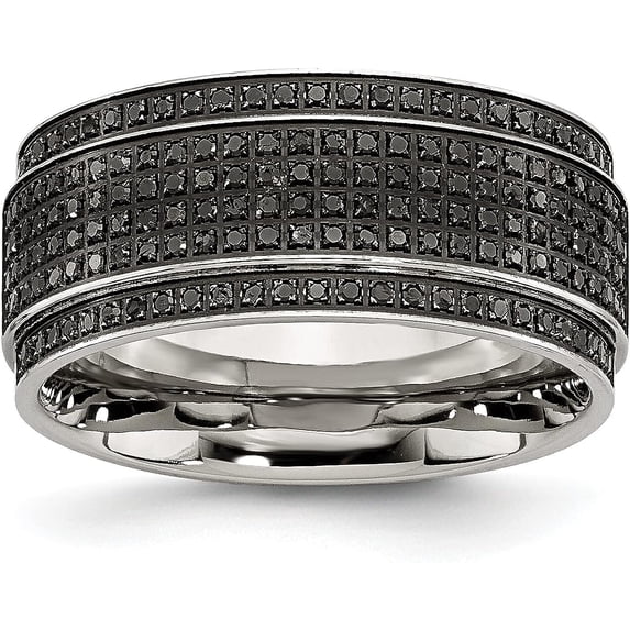 Chisel Stainless Steel Polished 1/2 Carat Black Diamond 10.2mm Ridged Edge Band - Ring Size 11.0 Natural Diamonds