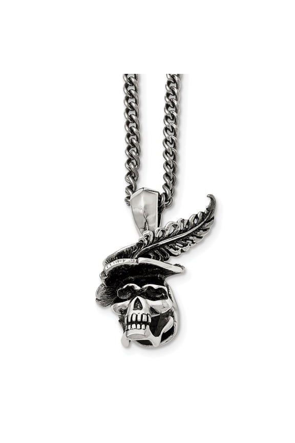 Chisel Stainless Steel Antiqued and Polished Skull with Feather Hat Pendant on a 22 inch Curb Chain Necklace