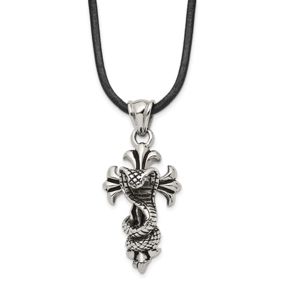 Chisel  Stainless Steel Antiqued and Polished Snake on Cross Pendant on a 20 inch Leather Cord Necklace