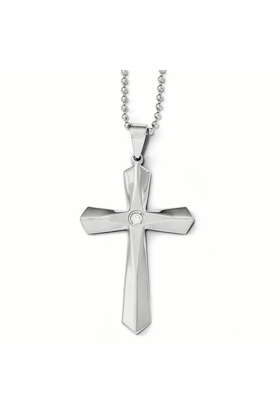 Chisel Stainless Steel Polished And Brushed CZ Cross Necklace