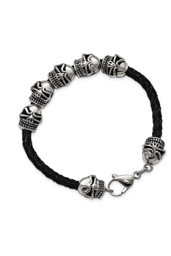 Stainless Steel Polished Antiqued Leather Skull Bracelet