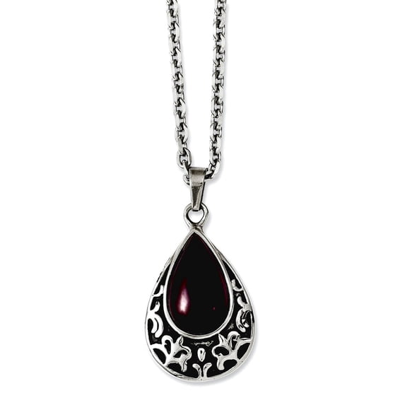 Chisel Stainless Steel Polished & Antiqued Purple Cat's Eye Teardrop Necklace
