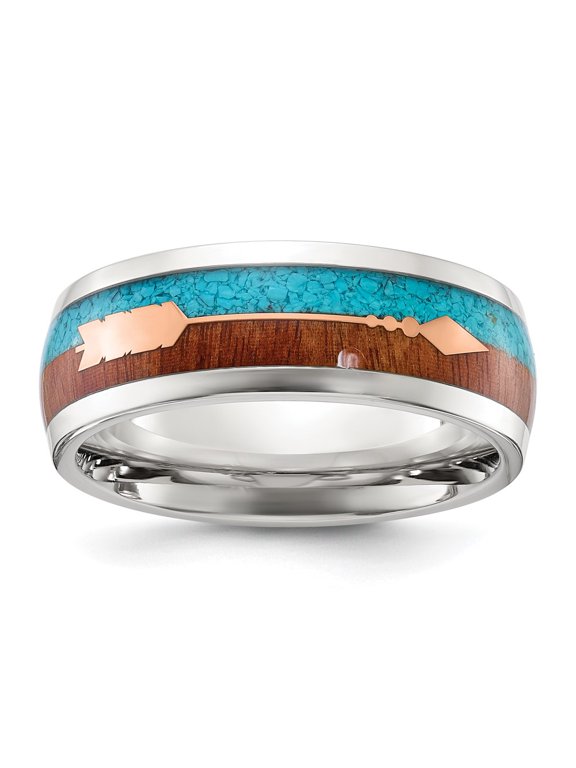 Stainless Steel Polished Arrow with Turquoise and Wood Inlay 8mm Band