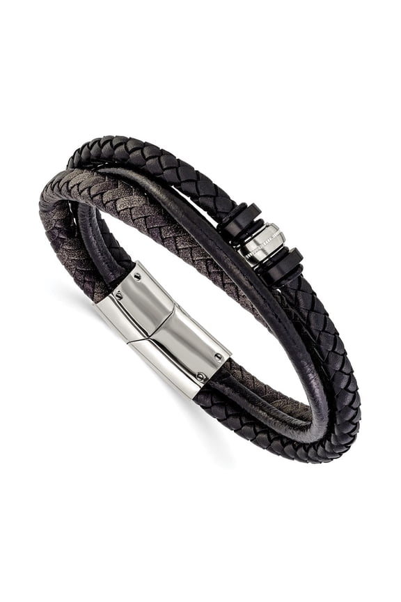 Stainless Steel Polished Black Braided Leather Multi Strand 8.5 inch Bracelet