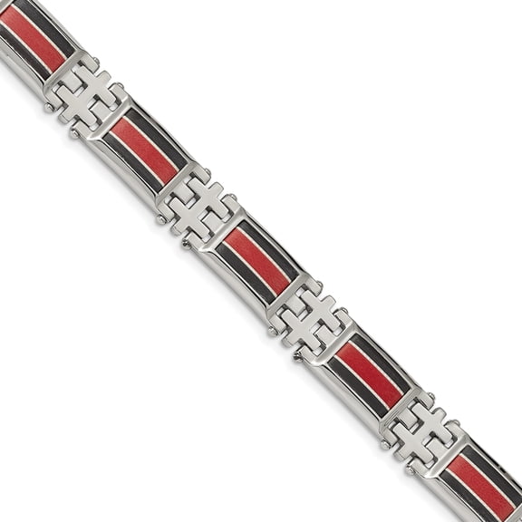 Chisel Stainless Steel Polished Black Carbon Fiber and Red Fiber Glass Inlay Bracelet